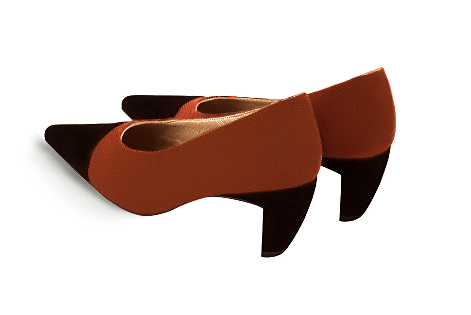Matt black and terracotta orange women's dress pumps, with a round neckline. Pointed toe. Medium comma heels. Rear view - Florence KOOIJMAN